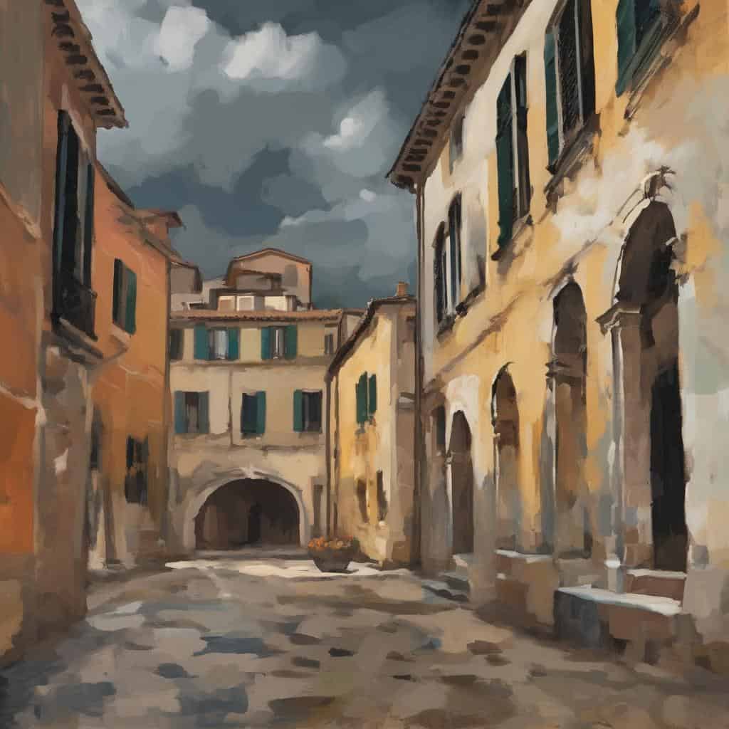 Ζωγραφική παραδοσιακού τοπίου με φως και σκιά, εικόνα πολιτιστικής τέχνης, καλλιτεχνική αποτύπωση αρχιτεκτονικού περιβάλλοντος.