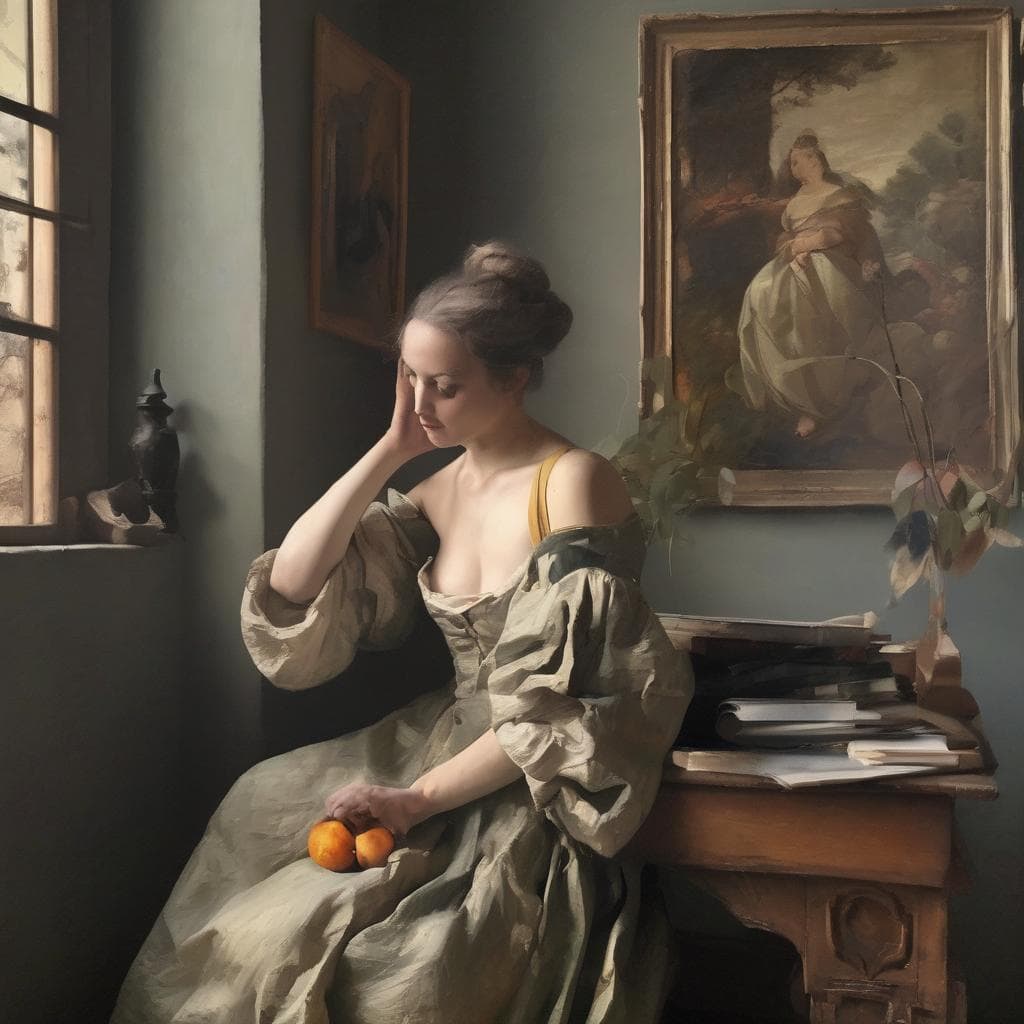 Φωτισμός σε καλλιτεχνικά έργα, ρομαντικό πορτρέτο γυναίκας, φυσικός φωτισμός, ζωγραφική και δημιουργία.