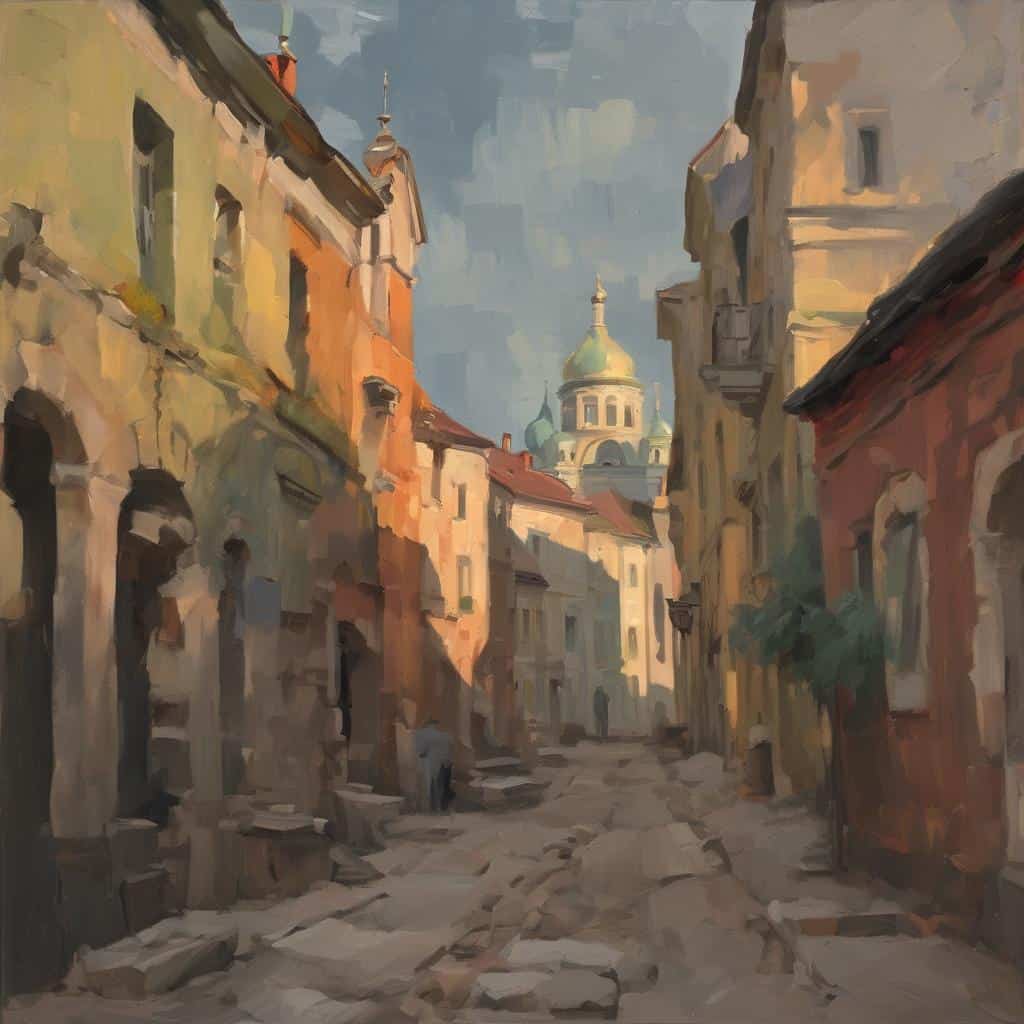 ζωγραφική αγώνας του φωτός στα καλλιτεχνικά έργα, πού αποδίδουν την ατμόσφαιρα και την ομορφιά της αρχοντικής οδού.